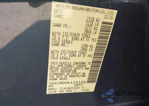 2017 Nissan Murano Platinum z USA, uszkodzony, nr VIN 5N1AZ2MGXHN124106